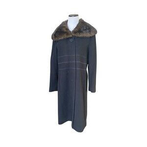 Vintage 60s Wool Cashmere Blend Coat Size 14 Black Faux Fur Mid Century Mod Glam